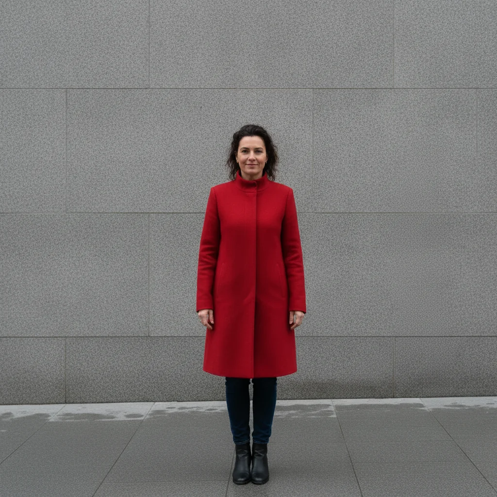 Same woman alone in front of the stone wall with the passerby removed