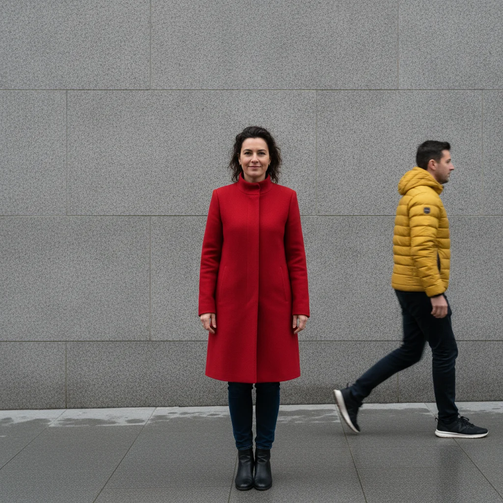 Woman in a red coat with a man in a yellow jacket walking past at the far right edge