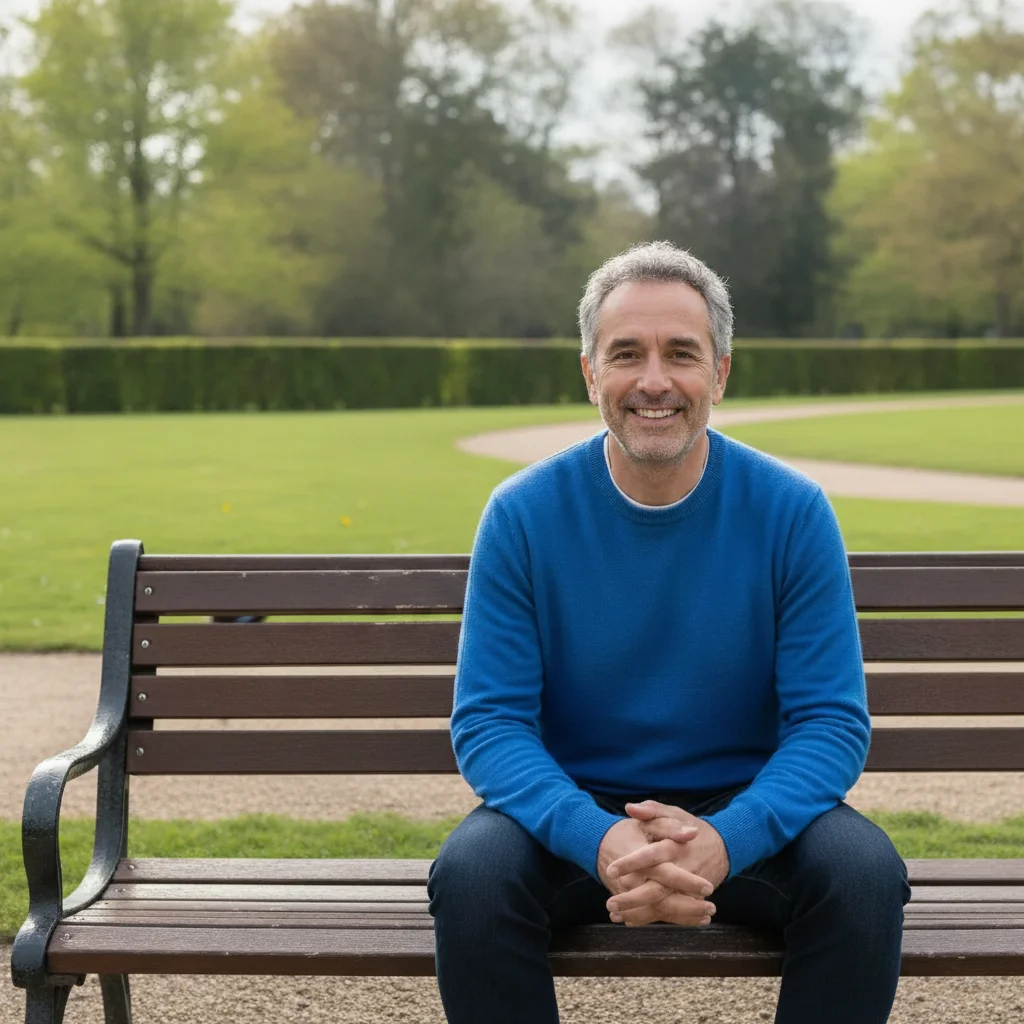 Same man on the bench with the jogger removed and the path and hedge continued