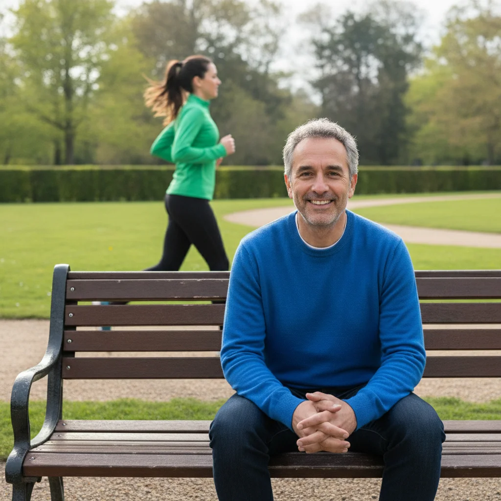 Man on a park bench with a jogger in a green top running across the path behind him