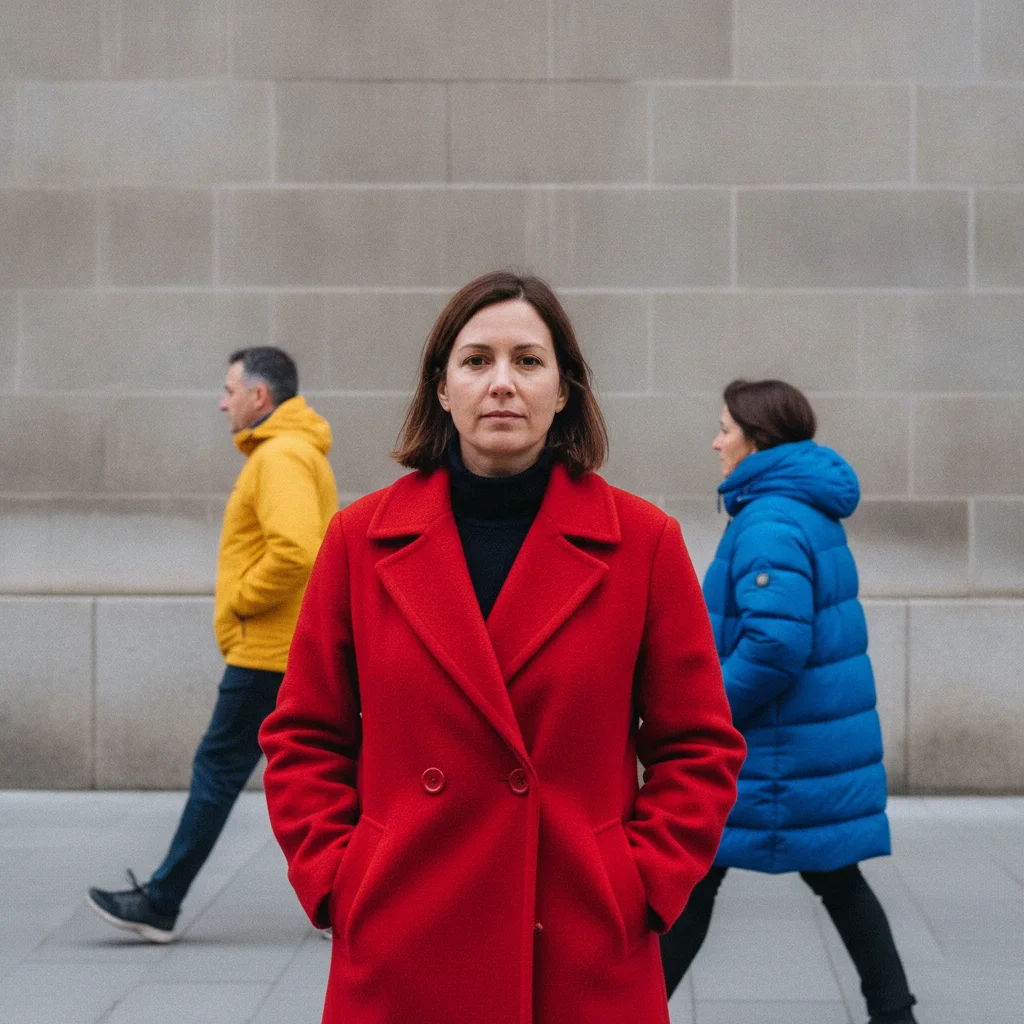 Woman in a bright red coat with two strangers walking behind her along a stone wall