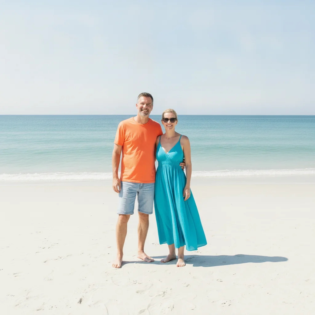 Same couple on an empty beach with the sand, sea, and sky continued behind them