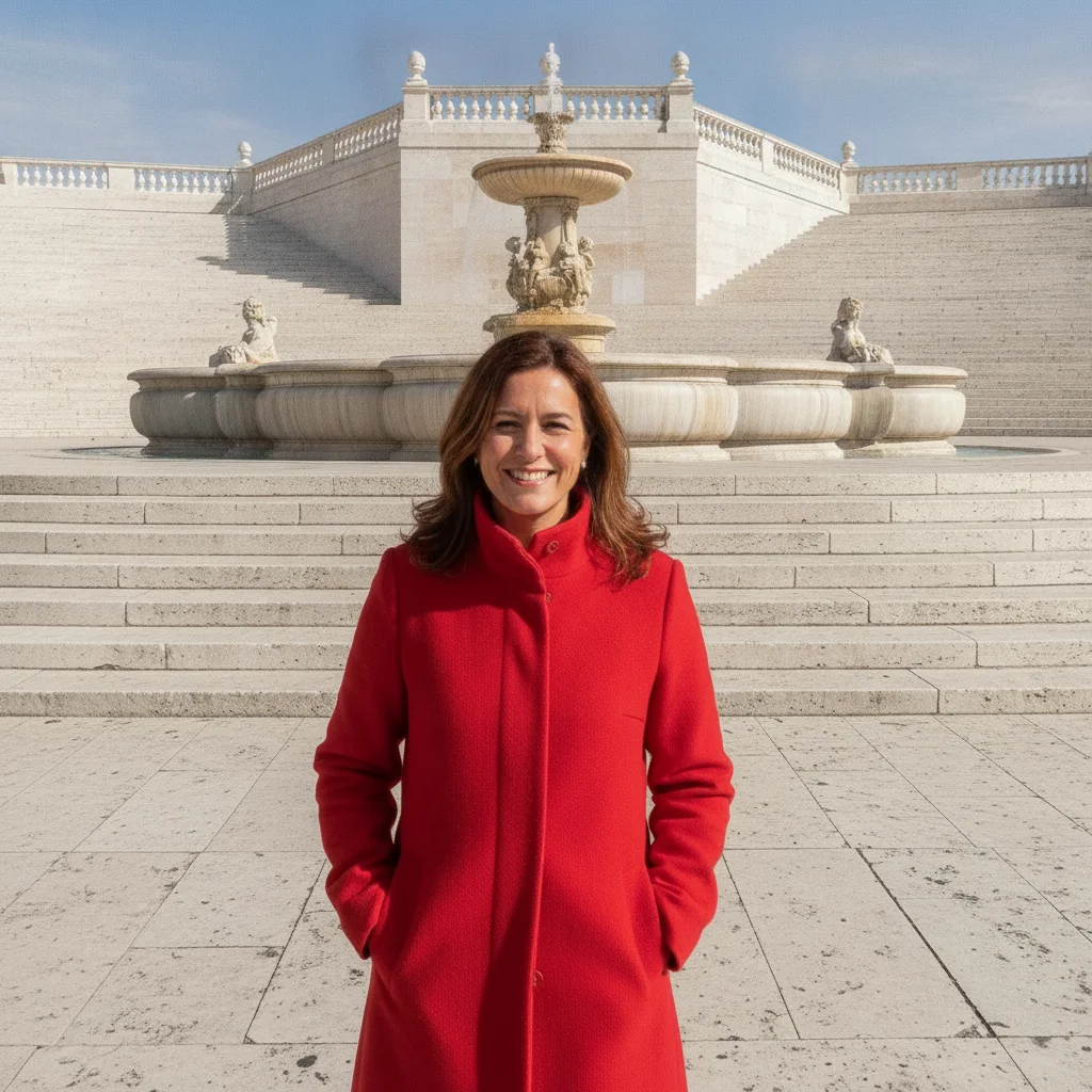 Same woman alone in front of the fountain with the steps and plaza empty behind her