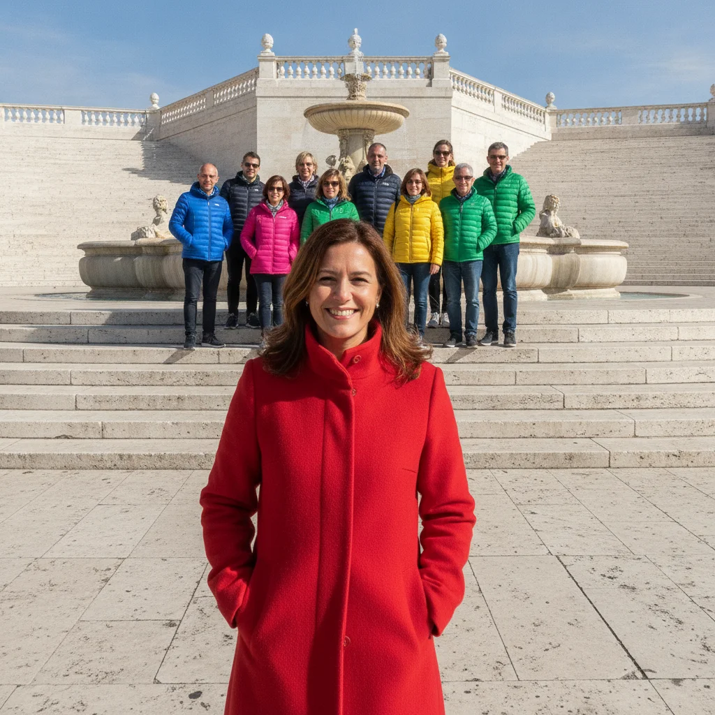 Woman in a red coat in front of a stone fountain with a crowd of tourists on the steps behind her