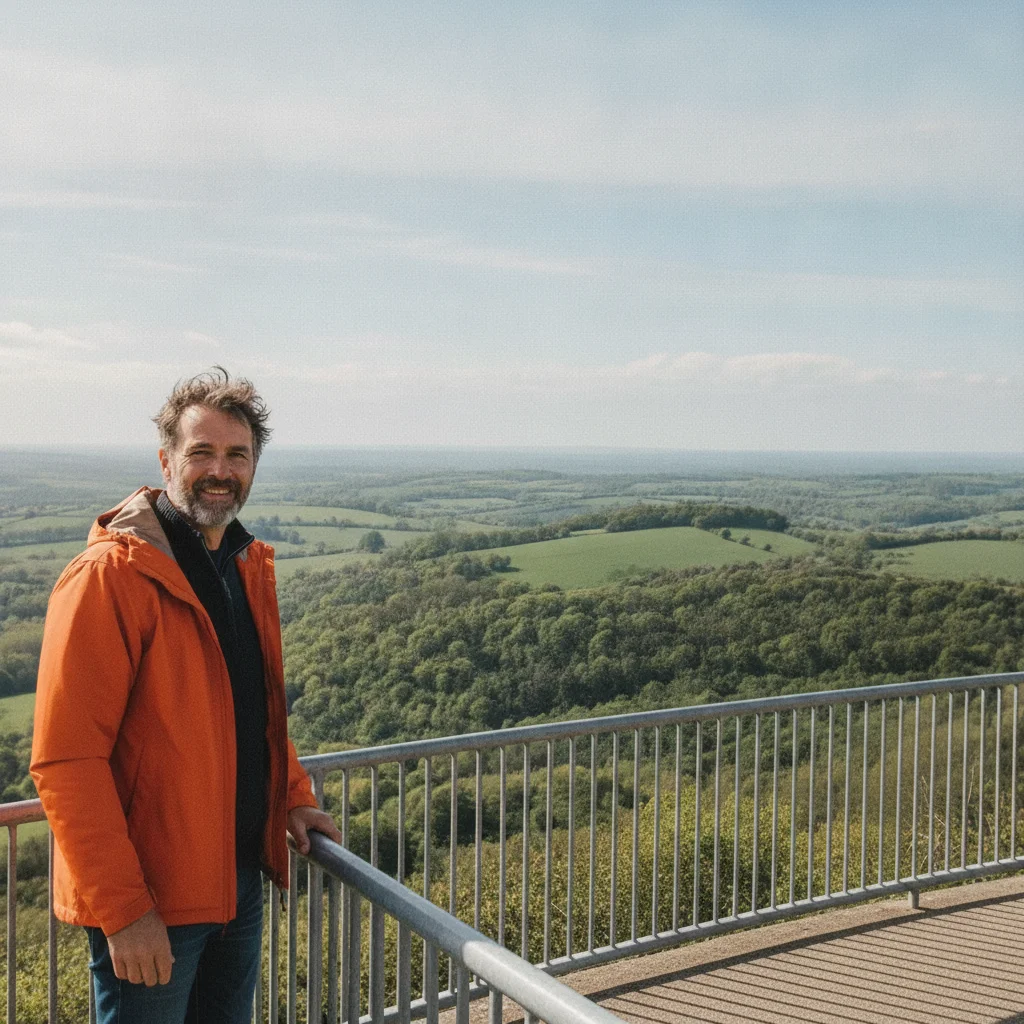 Same man alone at the railing with the hillside and sky continued where the others stood