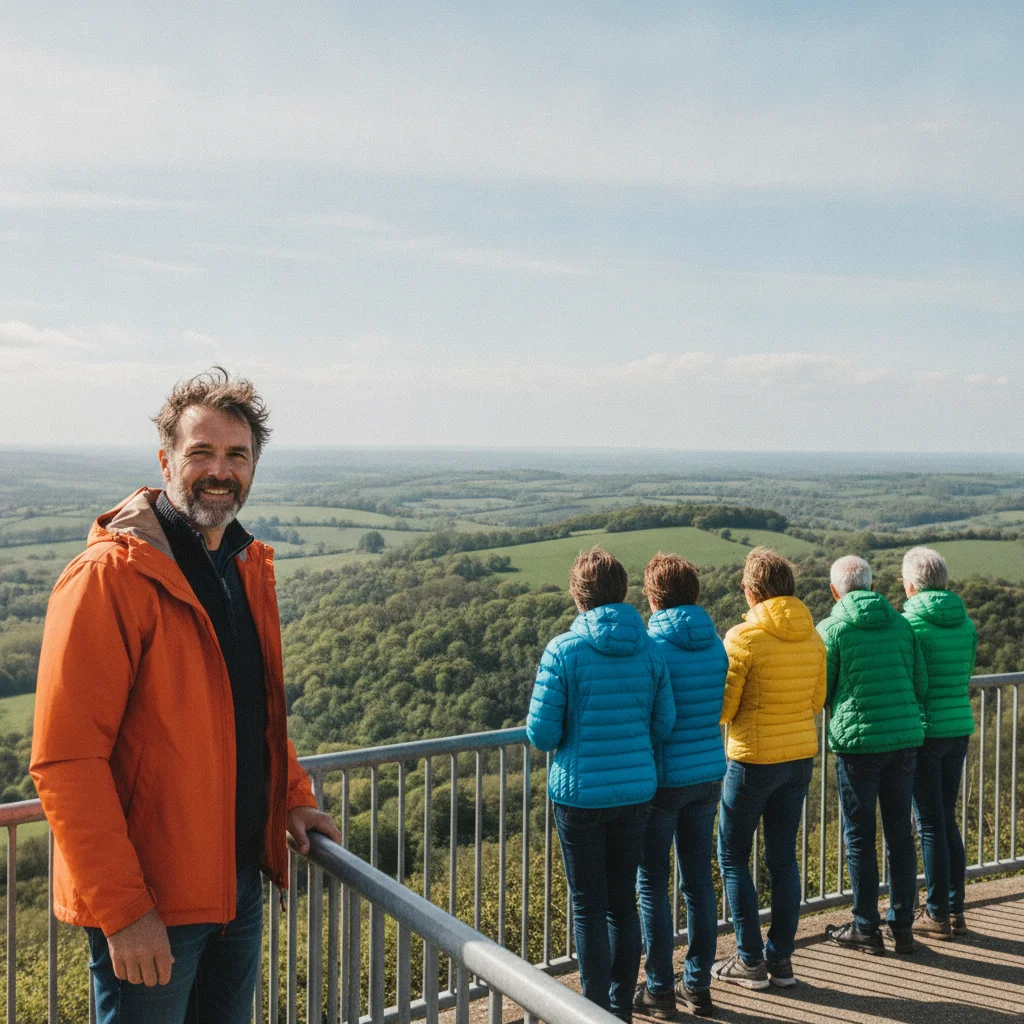 Man in an orange jacket at a viewpoint railing with six other visitors lined along it