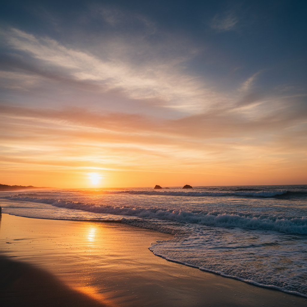 Same beach sunset with strangers removed and ocean background reconstructed naturally