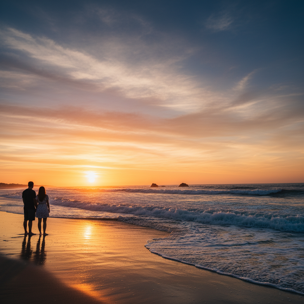 Beach sunset photo with two strangers standing on the left side