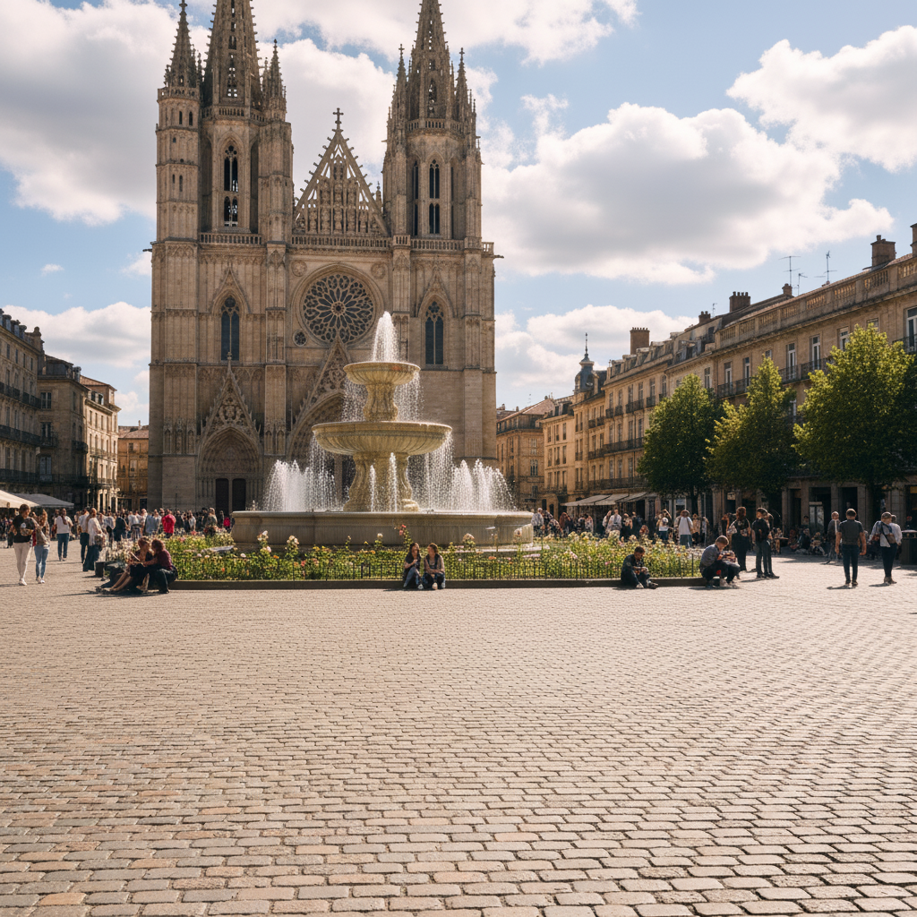 Same landmark plaza with all tourists removed and cobblestone and fountain fully visible