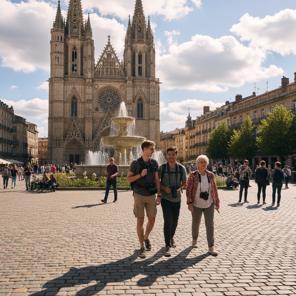 City landmark plaza with three tourists walking across the foreground blocking the view