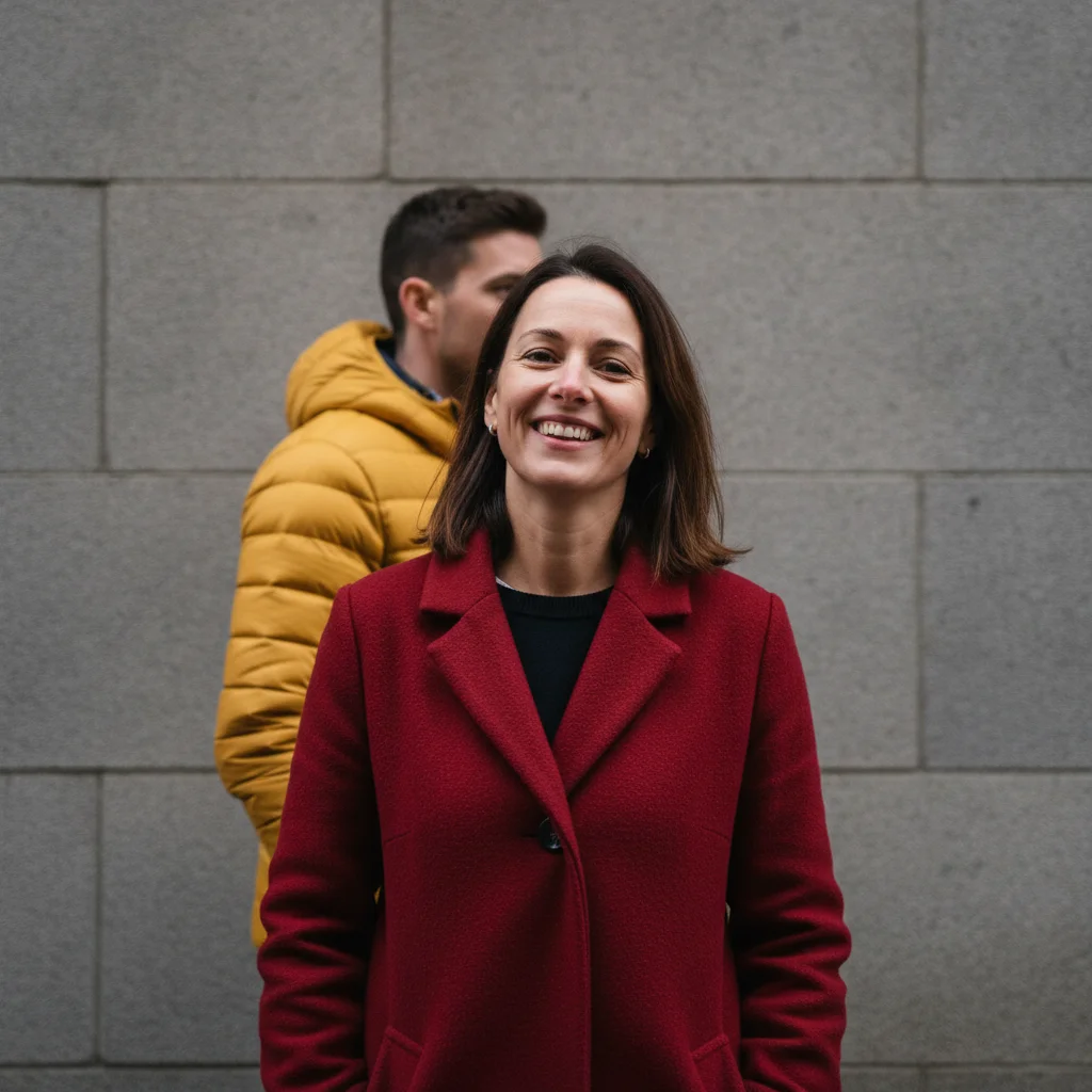 Woman in a red coat with a man in a yellow jacket standing right behind her shoulder