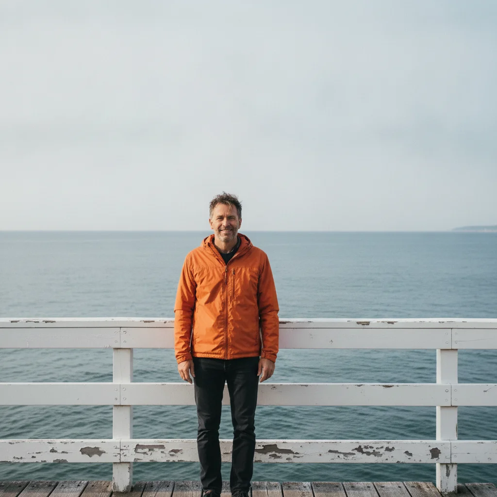 Same man alone at the pier railing with the sea and sky continued behind him
