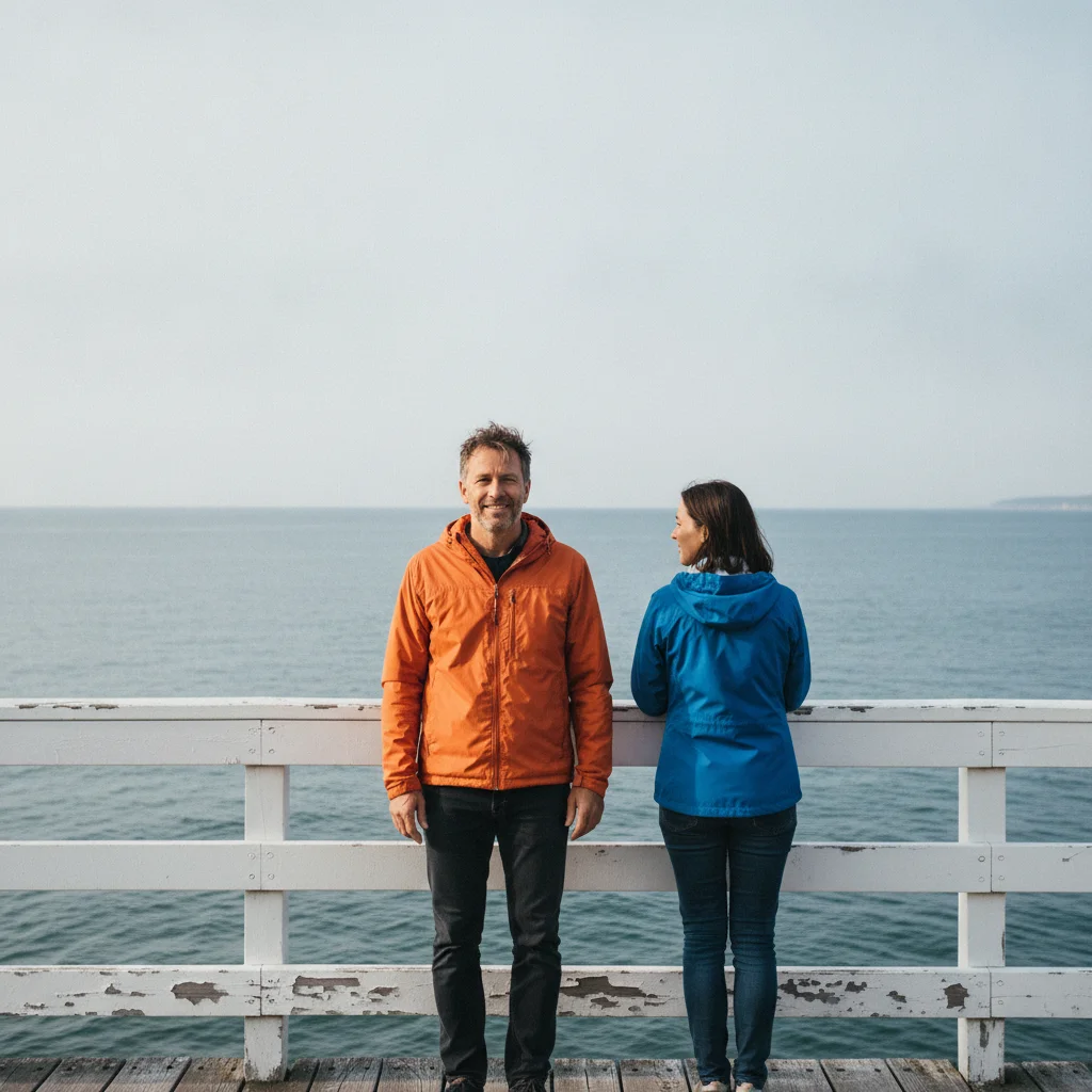 Man in an orange windbreaker at a pier railing with a woman in a blue jacket behind him