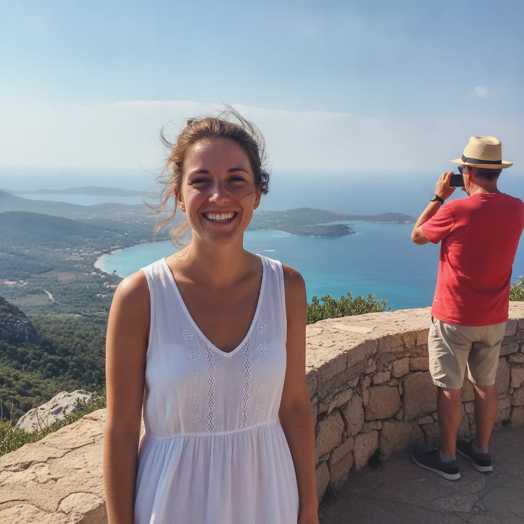 Scenic portrait of a woman with a tourist standing in the background