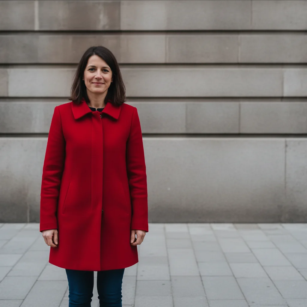 Same woman alone in front of the stone wall with the man removed