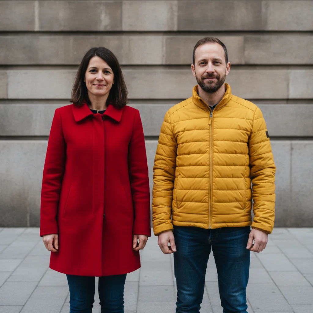 Woman in a red coat and man in a yellow jacket standing side by side in front of a stone wall