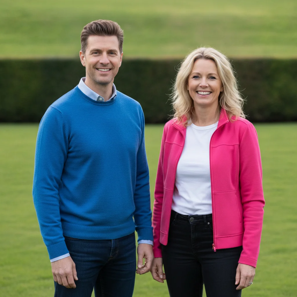 Man in a blue sweater with a woman in a pink jacket standing close at his shoulder in a park