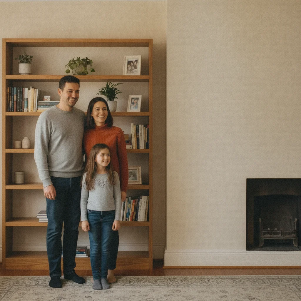 Same living-room photo with the person removed and the wall and bookshelf filled in naturally