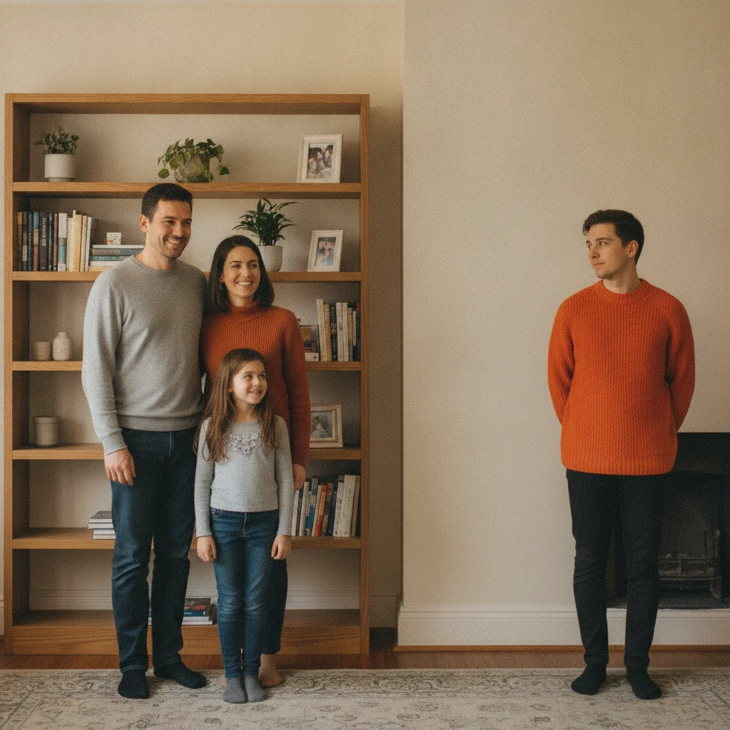 Family of four in a living room, with the person at the far right in an orange sweater to be removed