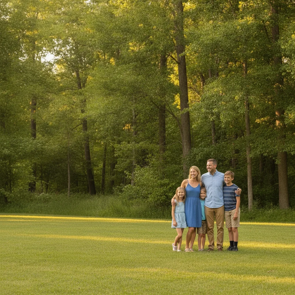 Same outdoor family photo with the person removed and the lawn and trees filled in naturally