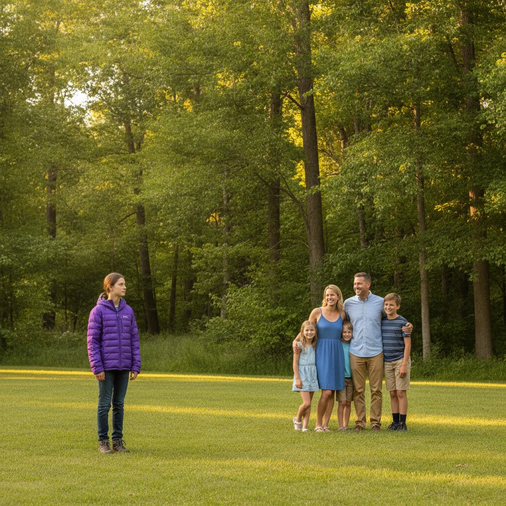 Family of five on a lawn, with the person at the far left in a purple jacket to be removed