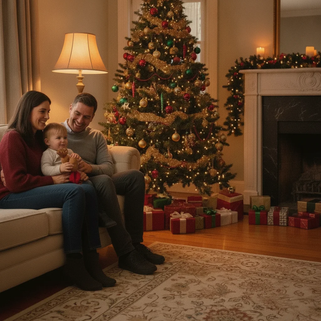 Same holiday photo with the person removed and the tree and ornaments filled in naturally