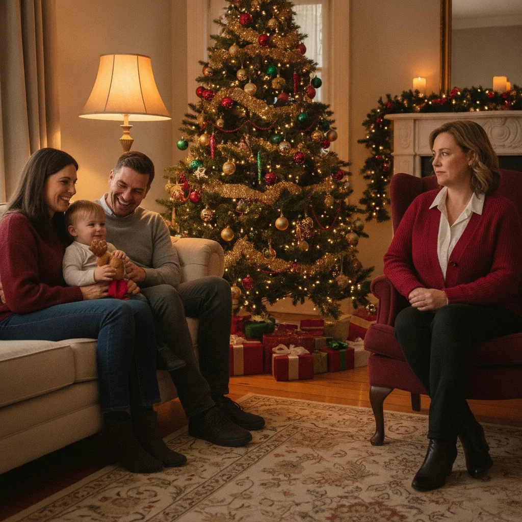 Family seated near a Christmas tree, with the person on the right in a red cardigan to be removed
