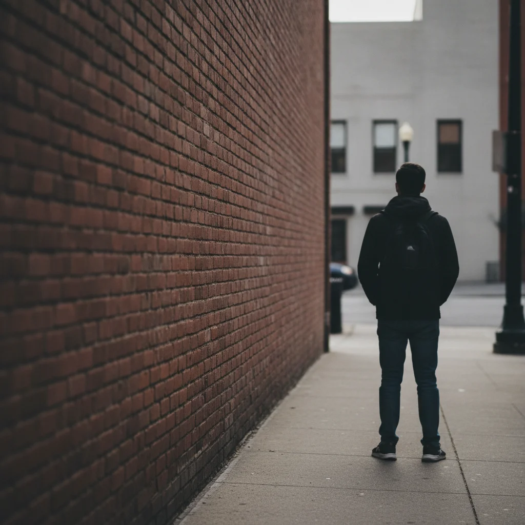 Screenshot showing a person visible in the background near a brick wall