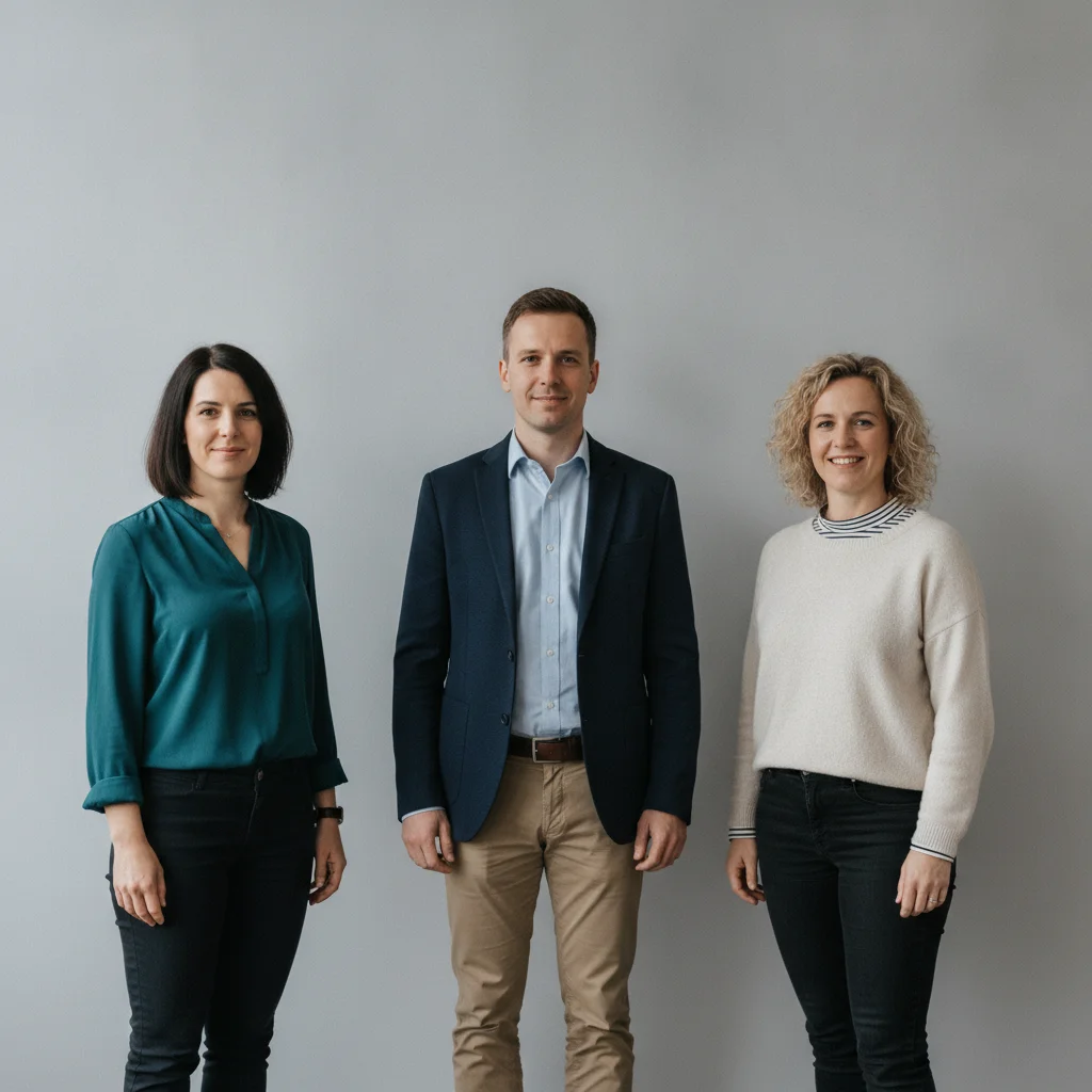 Three people standing against a grey office wall