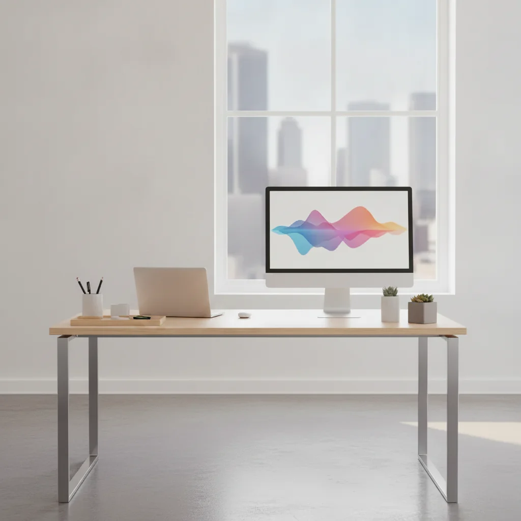 Same desk photo with the person removed and the room background filled in