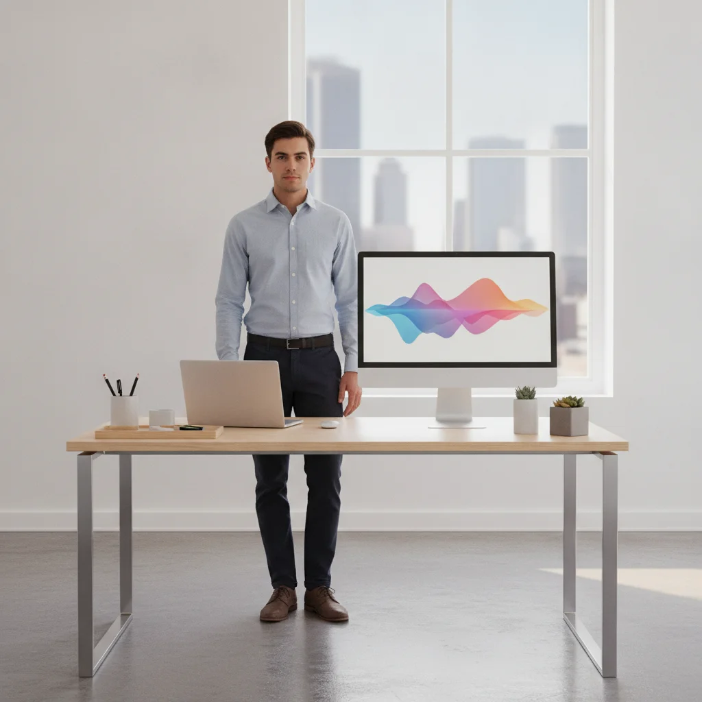 Office desk product photo with a person standing behind it