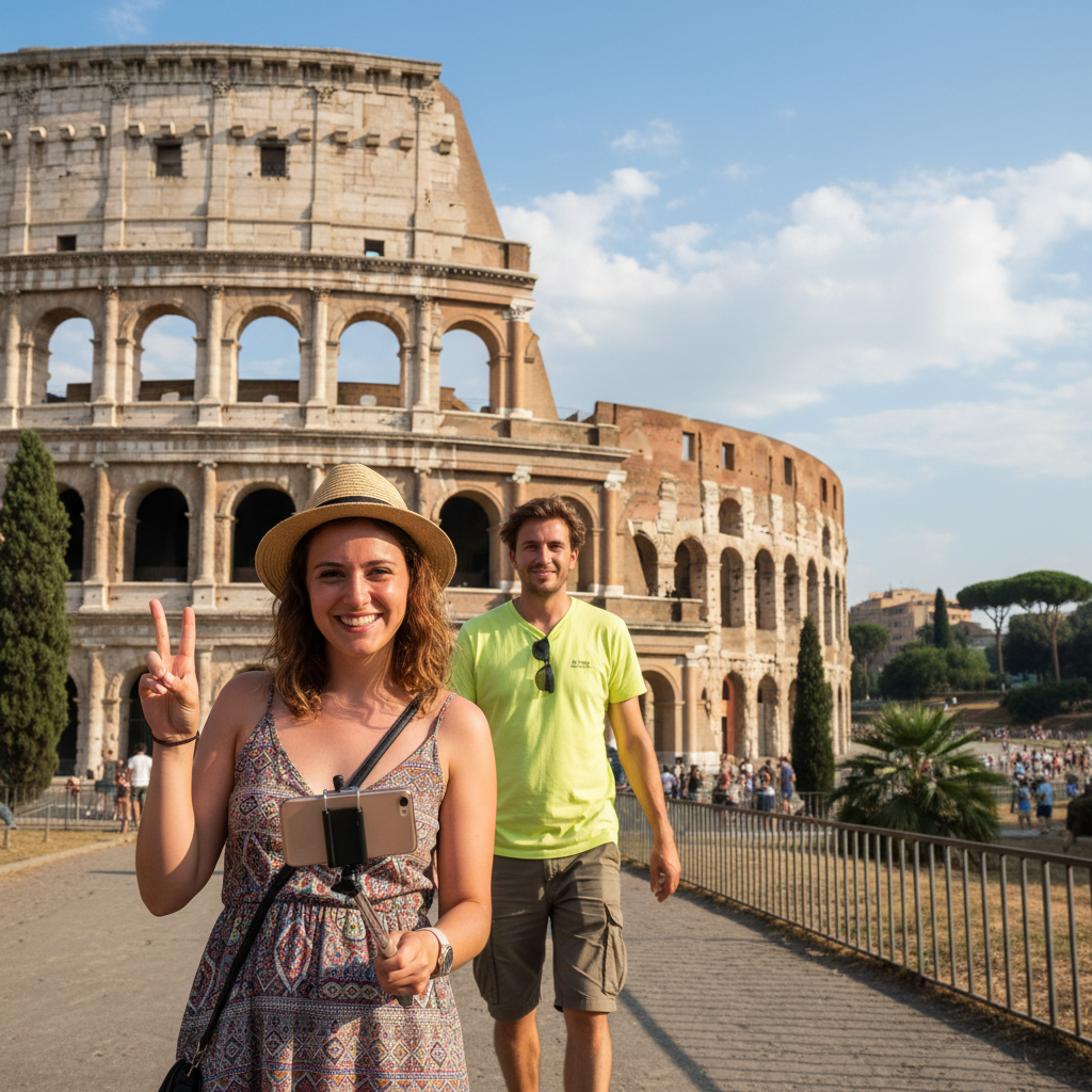 Colosseum photo with photobomber in yellow behind subject