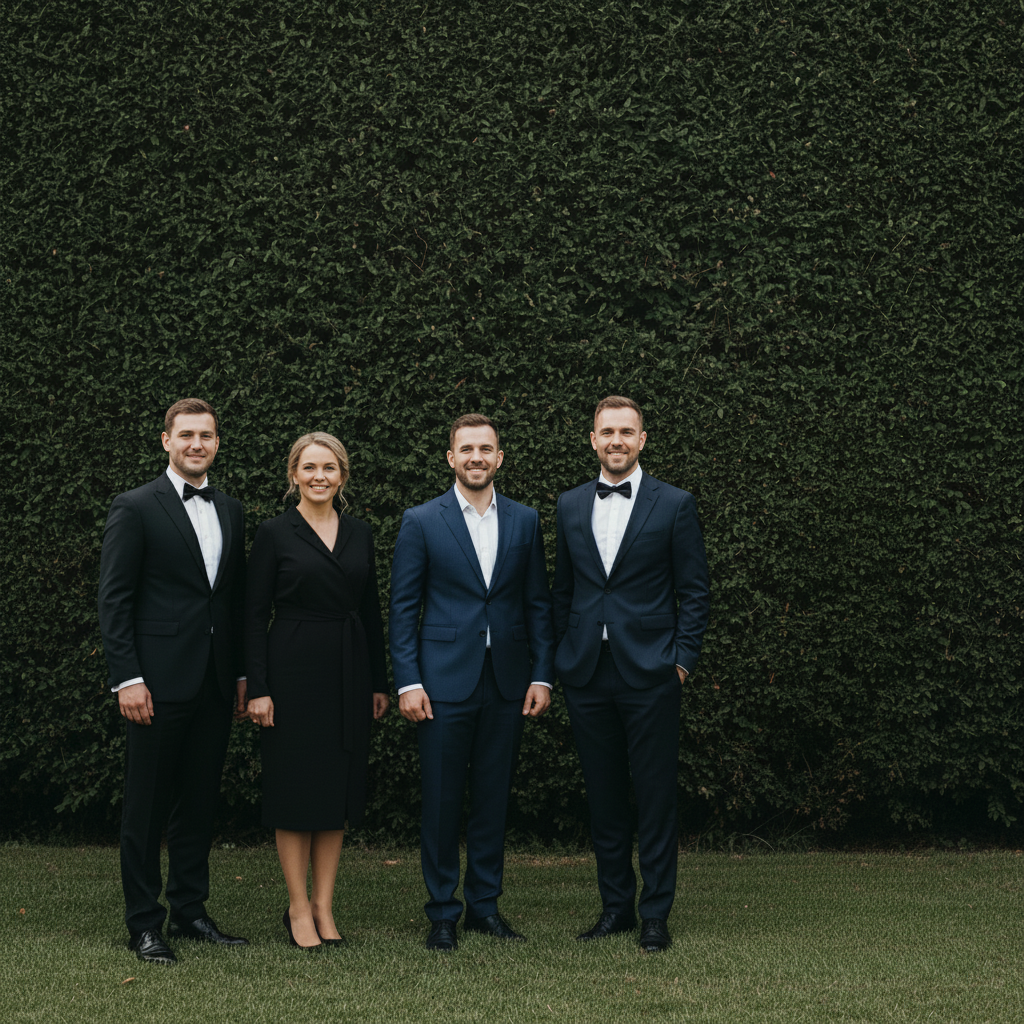 Wedding photo with end person removed, hedge extended