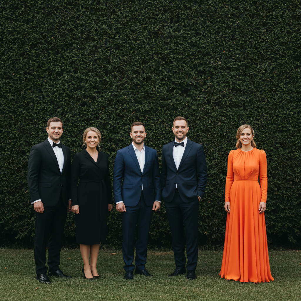 Wedding lineup with person in orange dress at far right