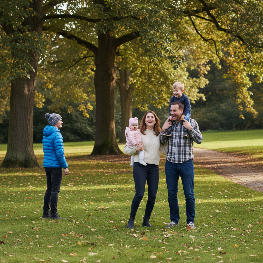 Family portrait with stranger in blue jacket on the left