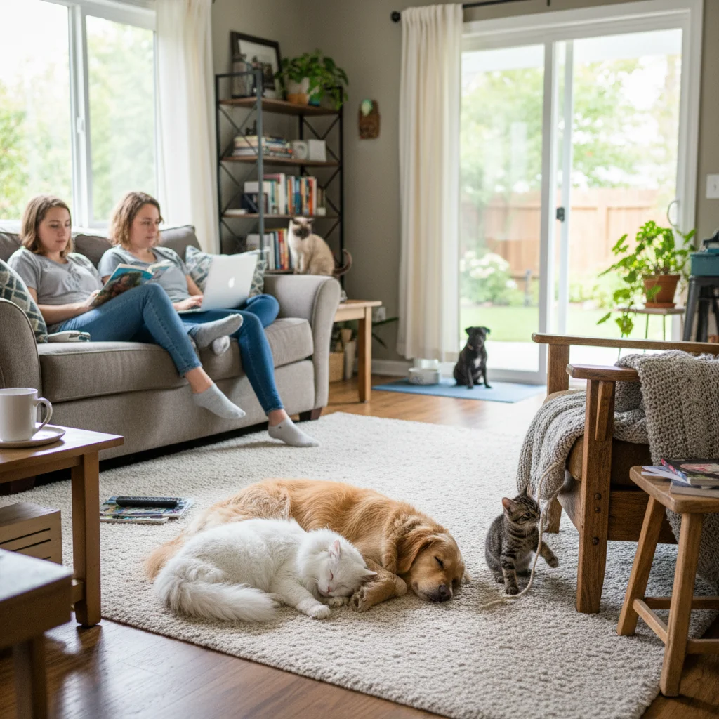 Backyard with small white dog on grass