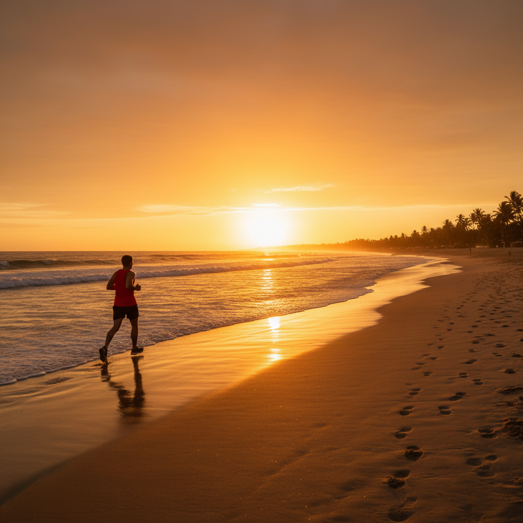 Beach sunset with runner in red in background