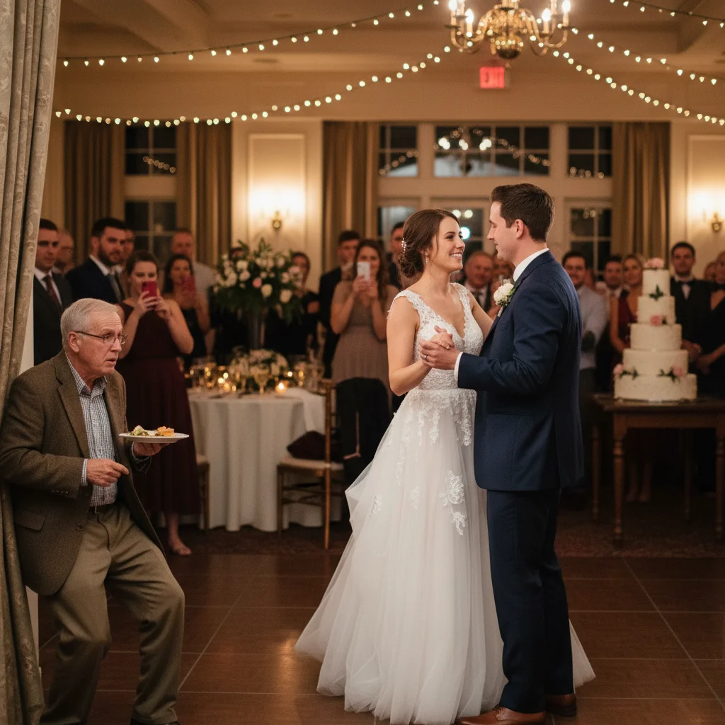 Wedding first dance with guest in blue suit on left