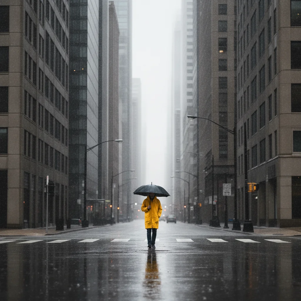 Same city street with the rain streaks removed and the sky brightened naturally