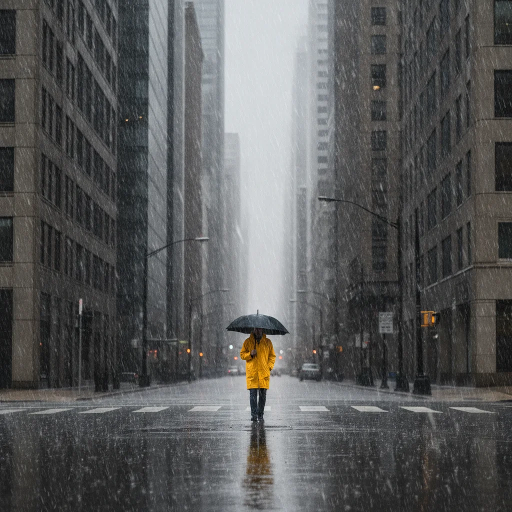 City street in heavy rain with visible streaks and a gray overcast sky