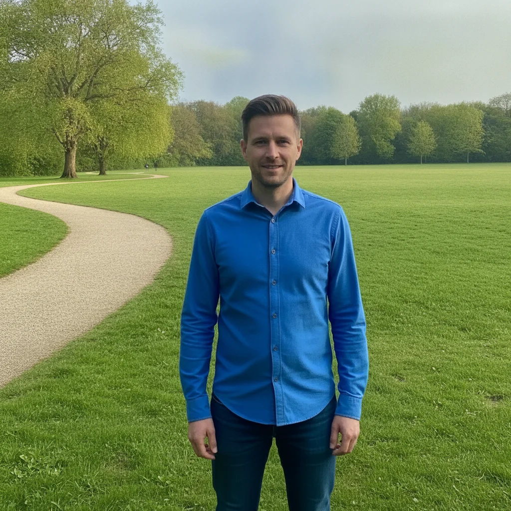 Same man alone in the park with the lawn, path, and trees continued behind him