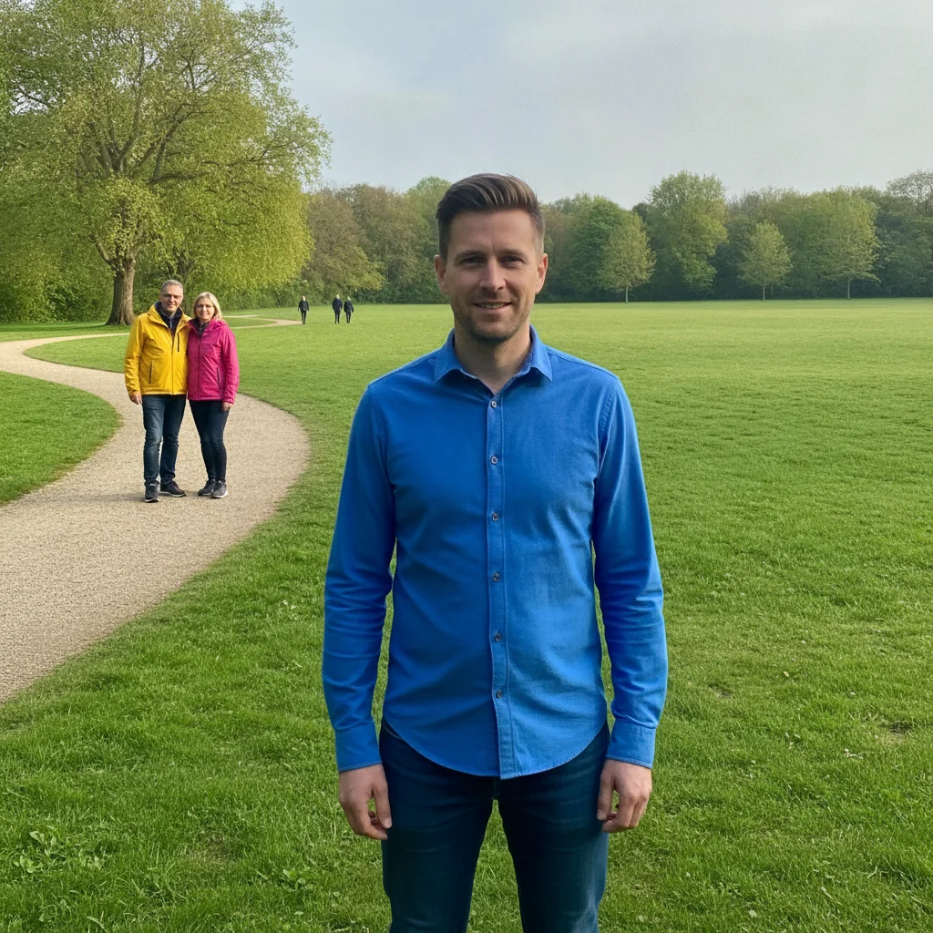 Man in a blue shirt in a park with several strangers scattered across the lawn behind him