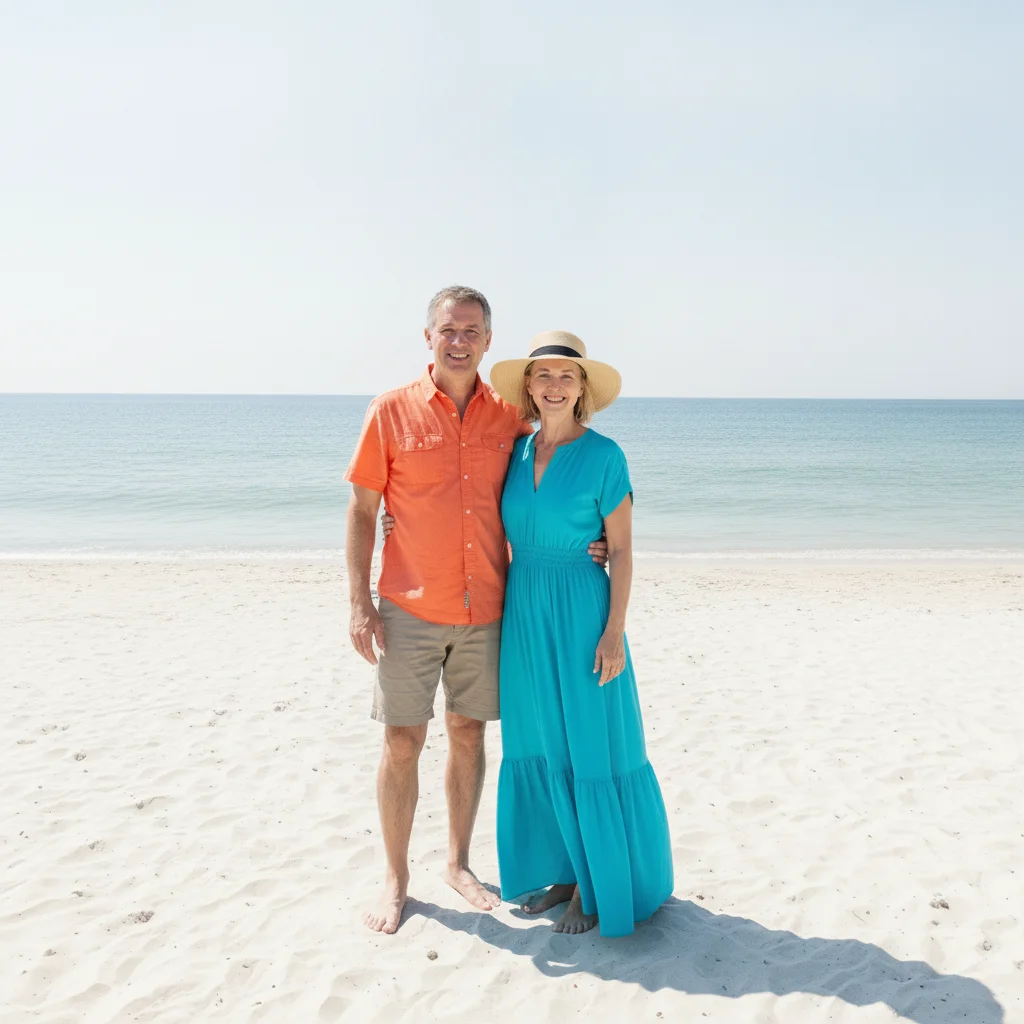 Same couple alone on the beach with the sand, sea, and sky continued around them