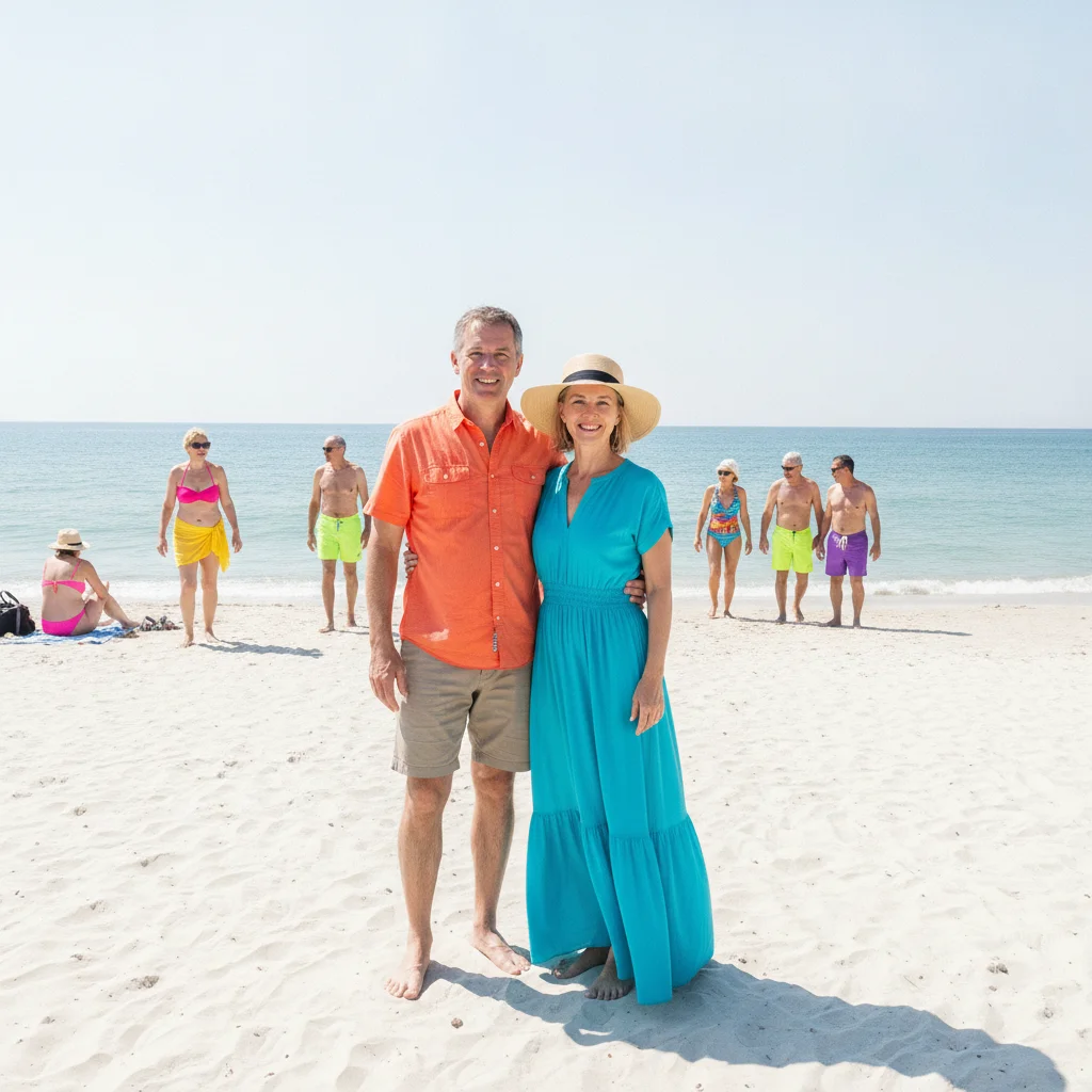 Couple on a beach with unrelated beachgoers scattered across the sand around them
