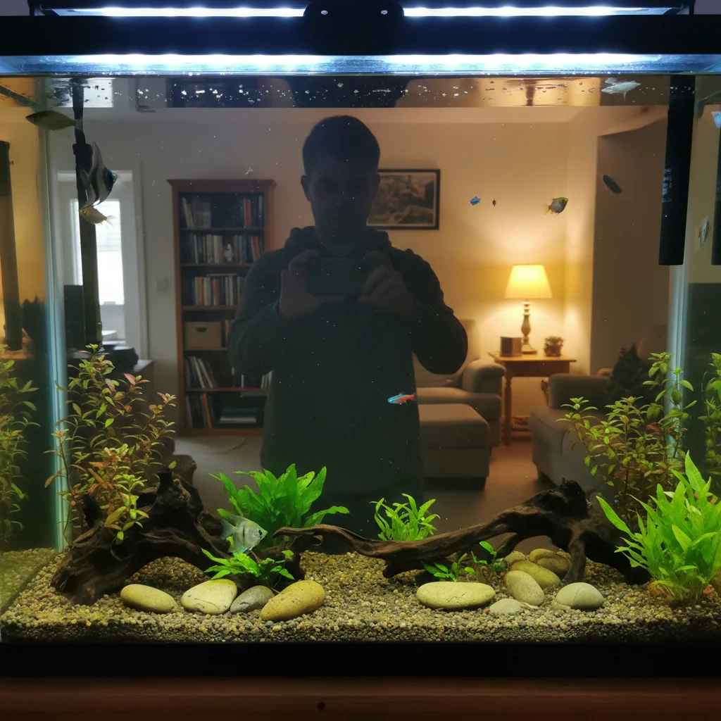 Aquarium with dark photographer reflection