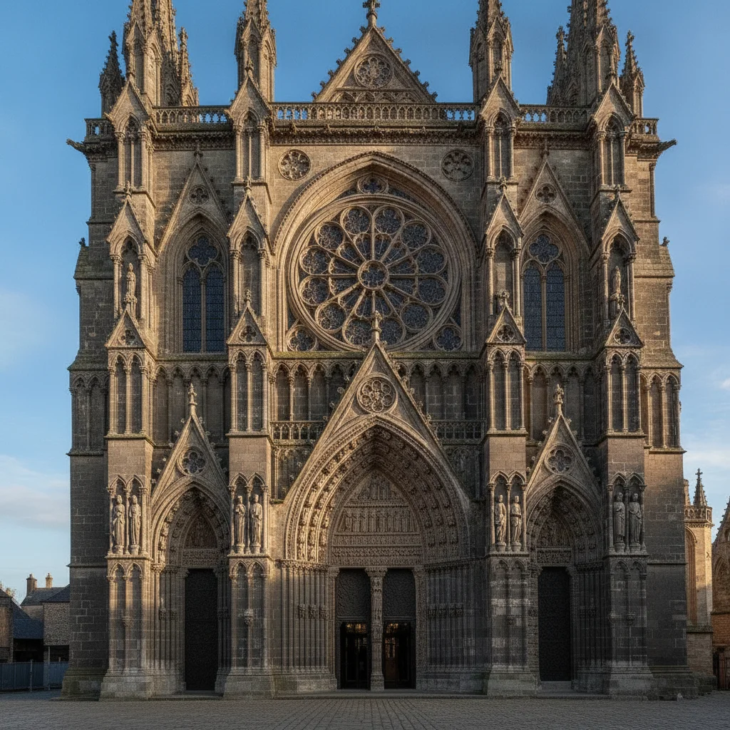 Same cathedral entrance with the scaffolding removed and matching stonework rebuilt