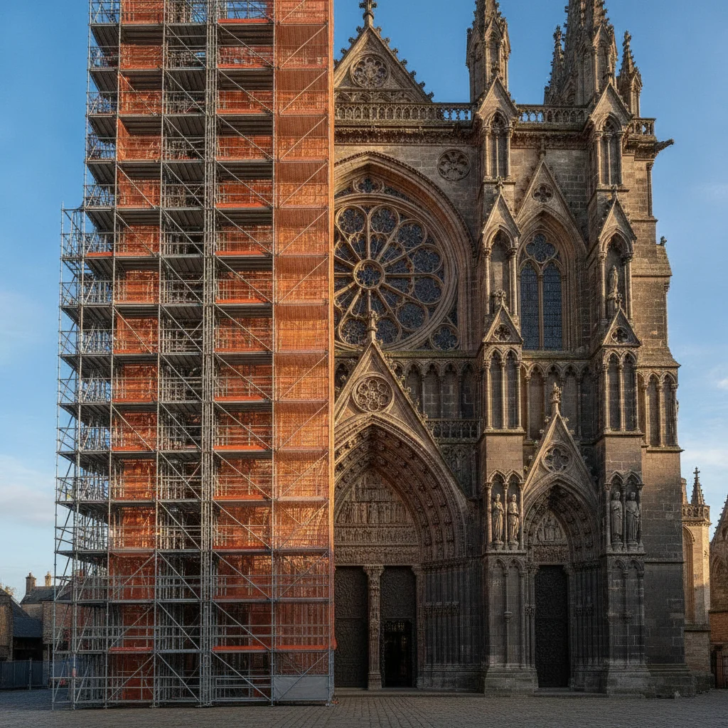 Stone cathedral entrance with scaffolding covering the left half of the facade