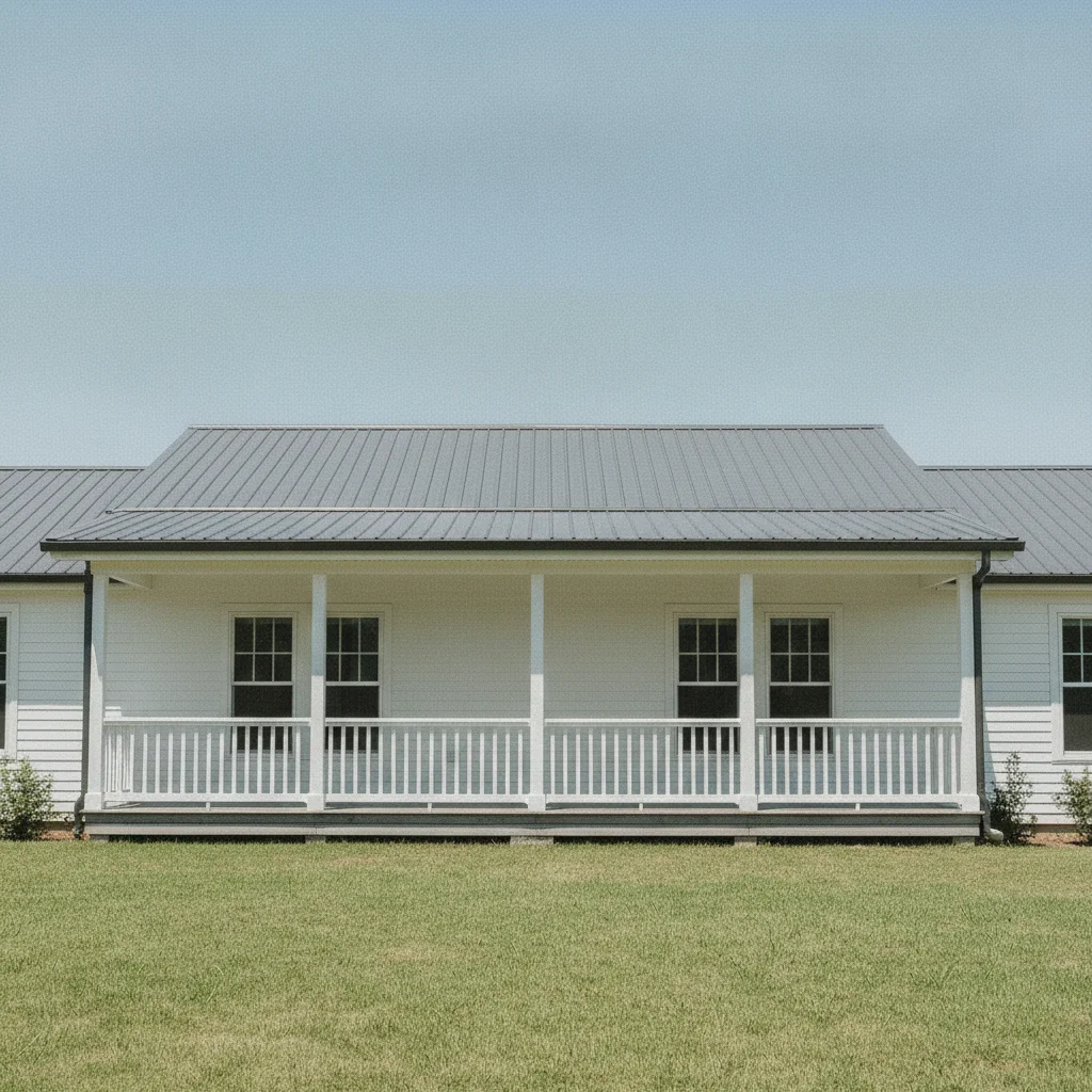Same house exterior with the scaffolding removed and the siding and porch railing rebuilt