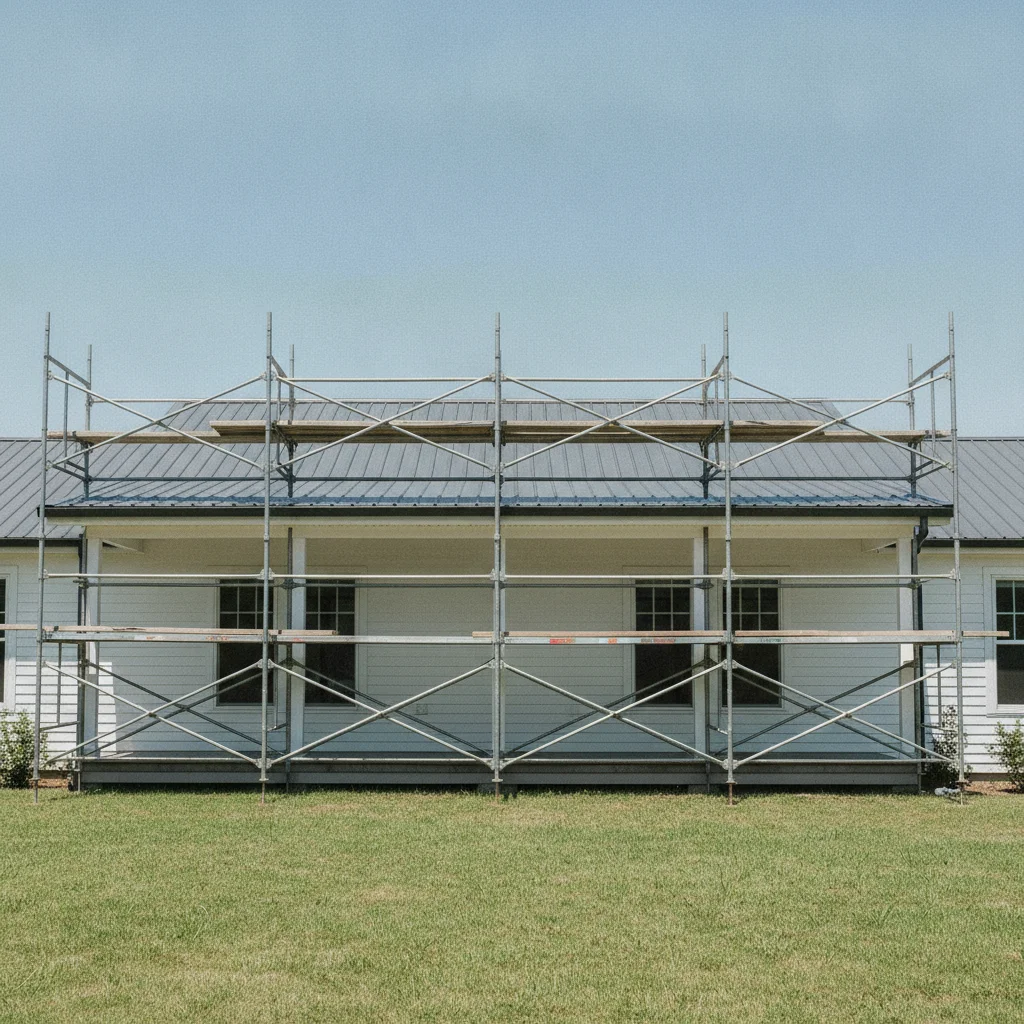 Suburban house with white siding and scaffolding along the front porch