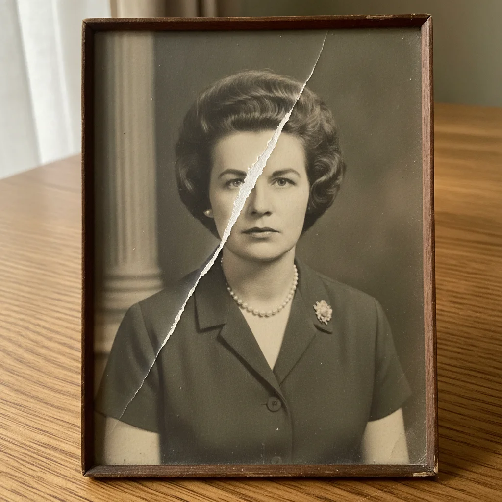 1960s formal portrait with a deep white scratch running across the subject's face